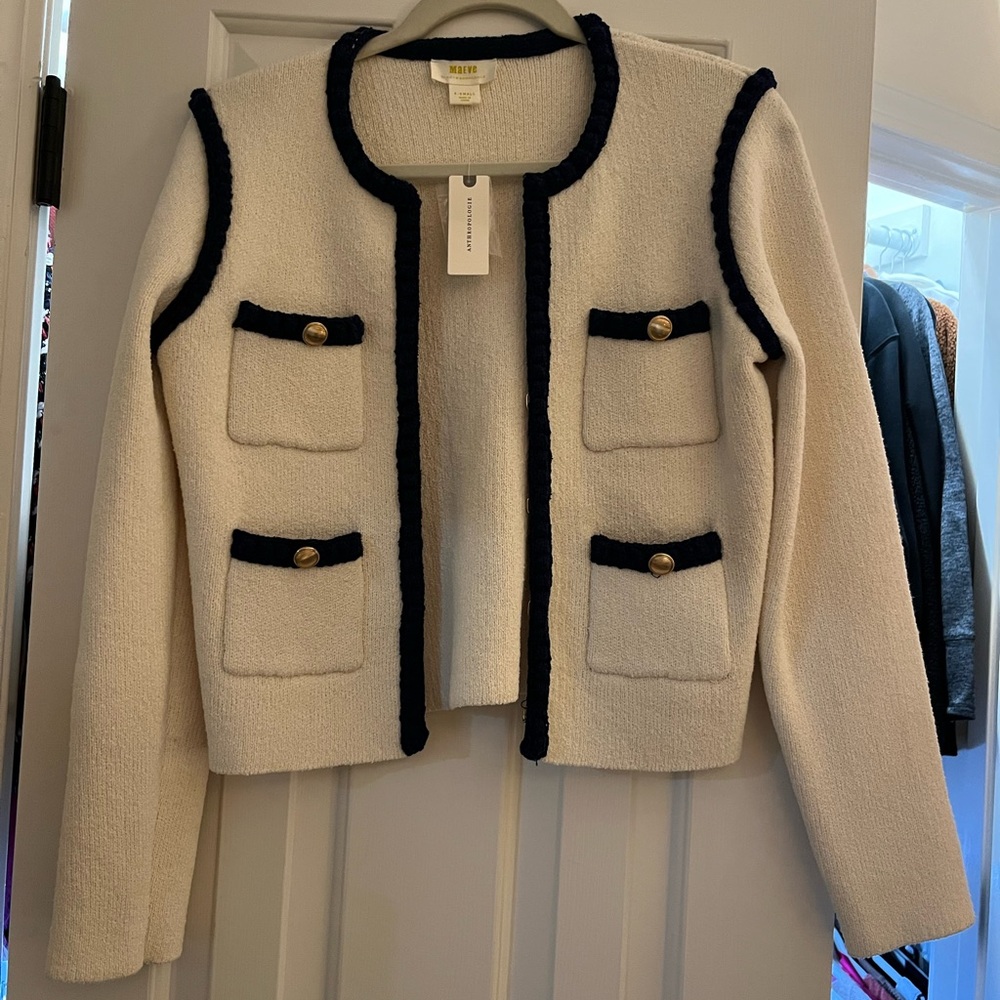 Anthropologie Cream and Navy Tweed Jacket NWT